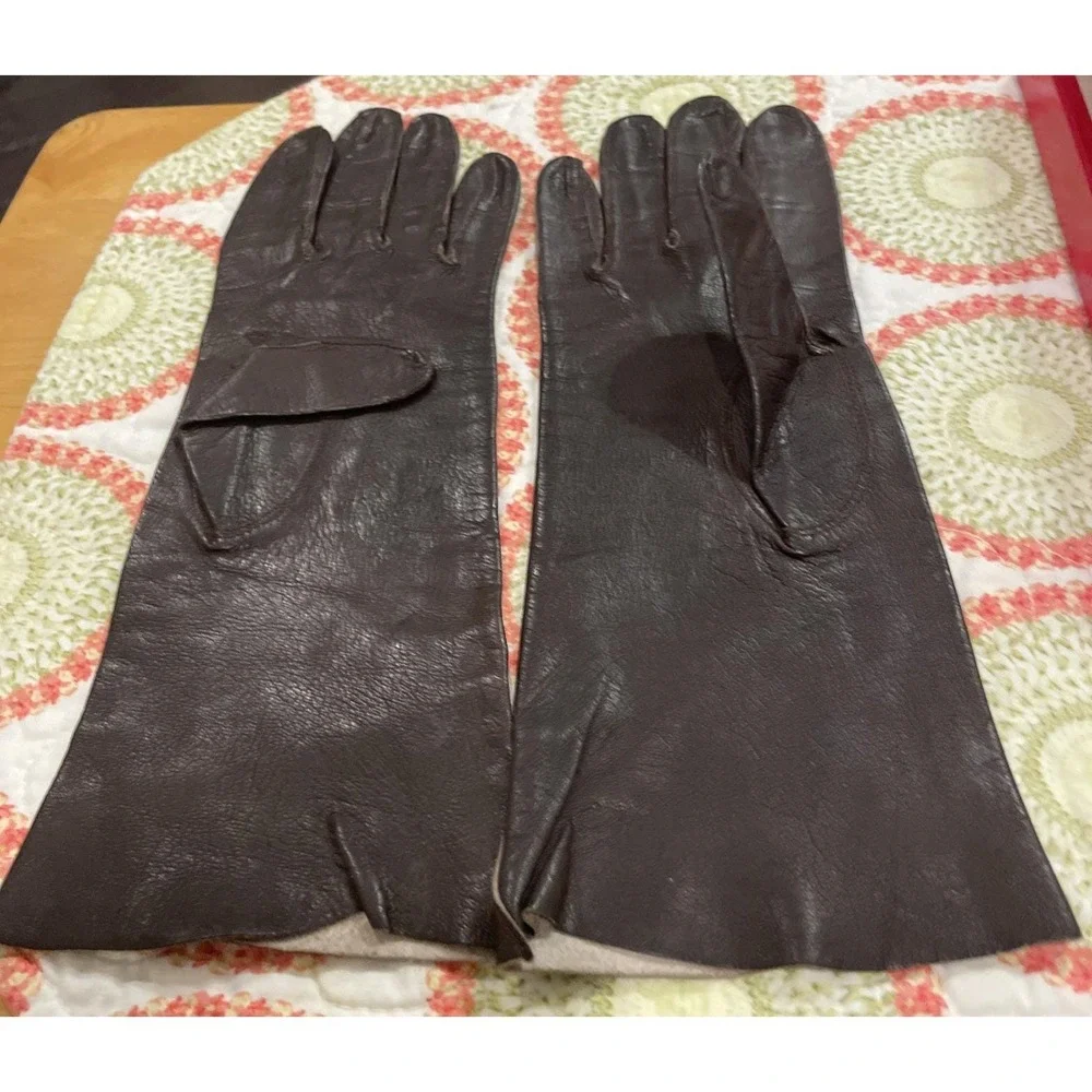 Vintage Womens 6.75 Leather Gloves Brown Mid Length Argentina Stitched Detail